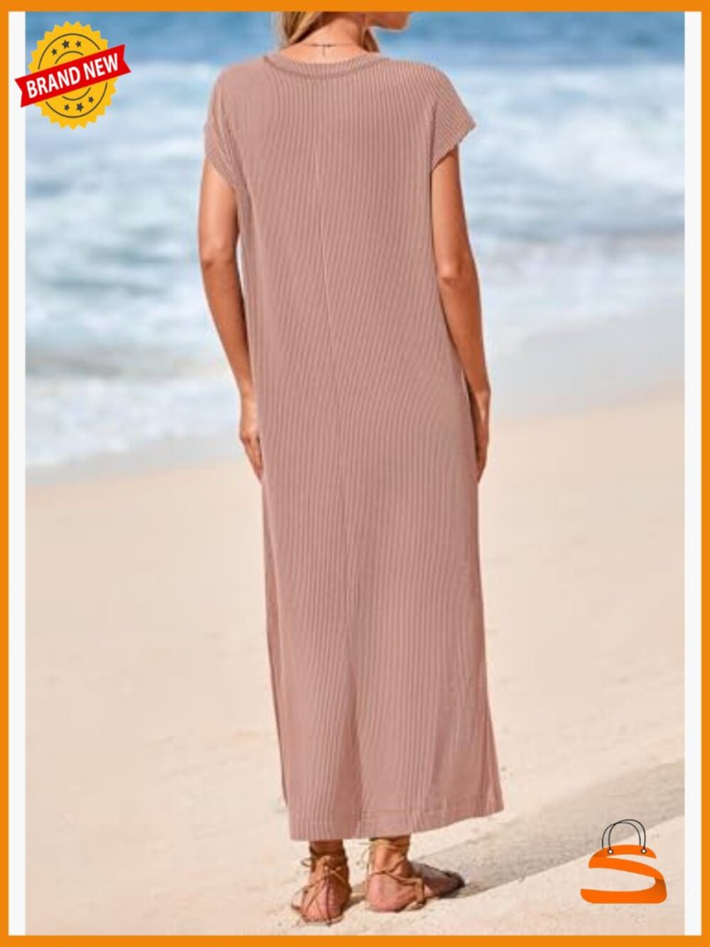 Ribbed Knit Henley Maxi Dress with Pockets Summer Dress - Picture 2 of 7